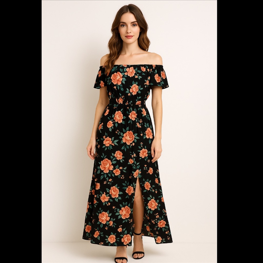 Black and Pink Ruffled Smocked Maxi Sundress